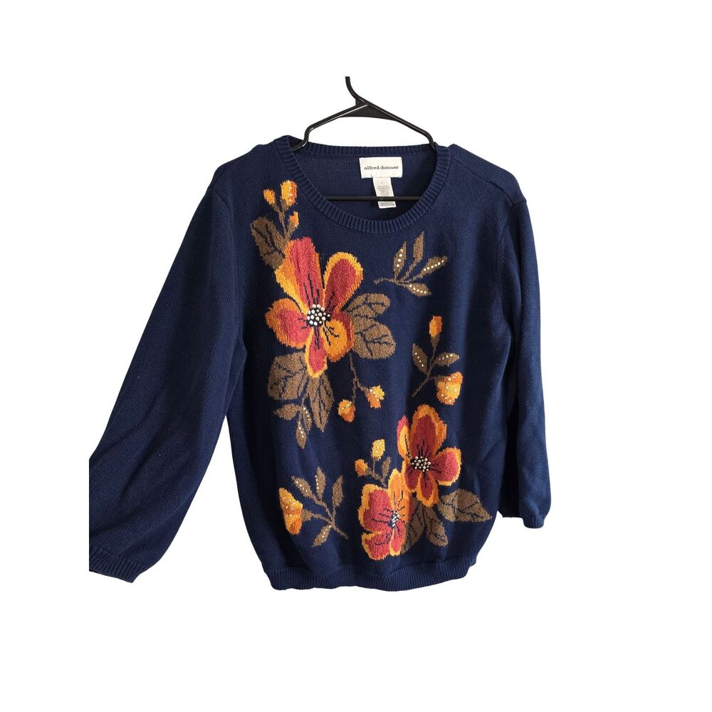 ALFRED DUNNER Navy Blue Floral Beaded Cotton Blend Knit Sweater Size L